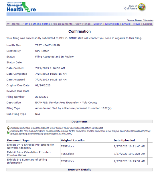 Screenshot of Confirmation page.